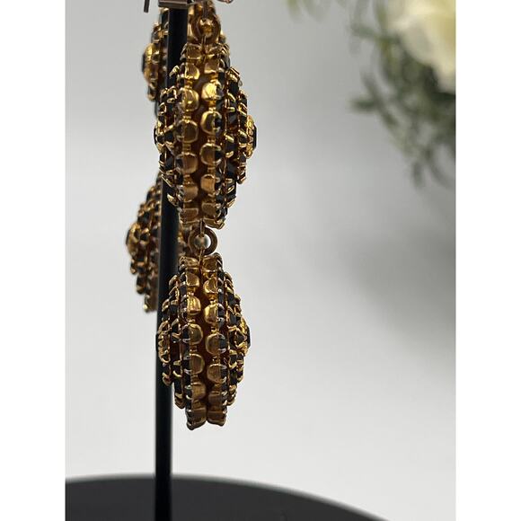 Mistar Bijoux Deadstock 3D Puff Three Drop Dangle Crystal Gold Clip on Earrings - Picture 9 of 12